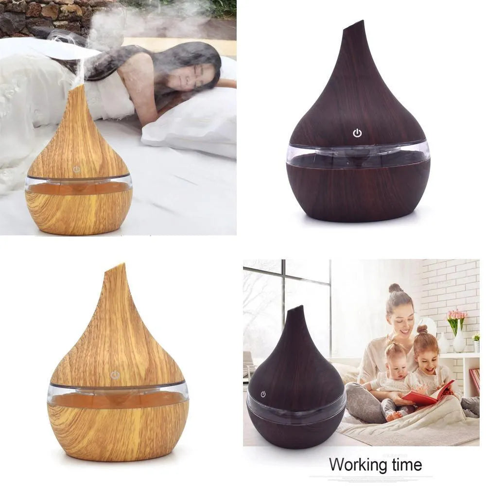 LED essential oil diffuser in wood grain finish, 12x11cm, USB powered, fireproof ABS and PP
