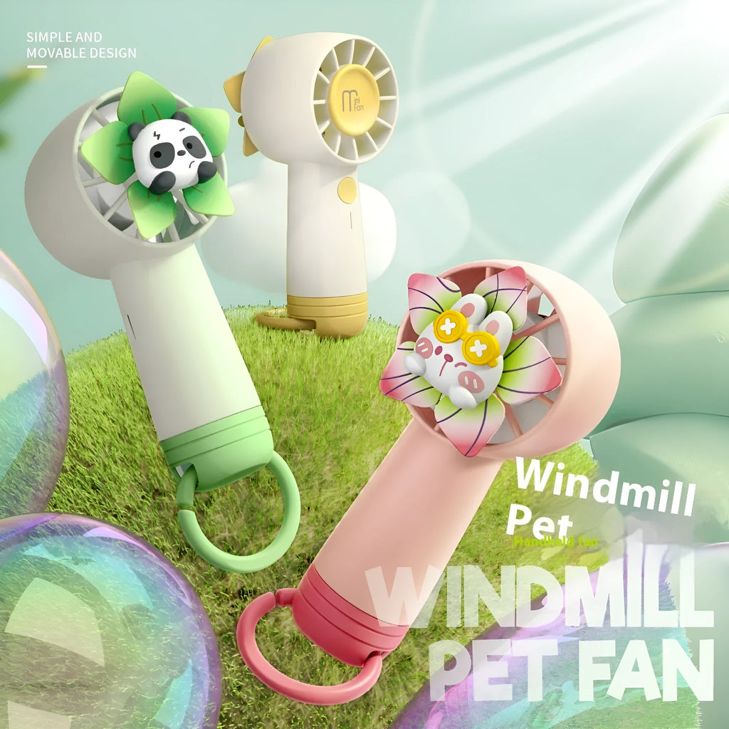Portable creative cartoon handheld fan in plastic, 6x5.4x14.8cm, available in Green, Pink, and Yellow