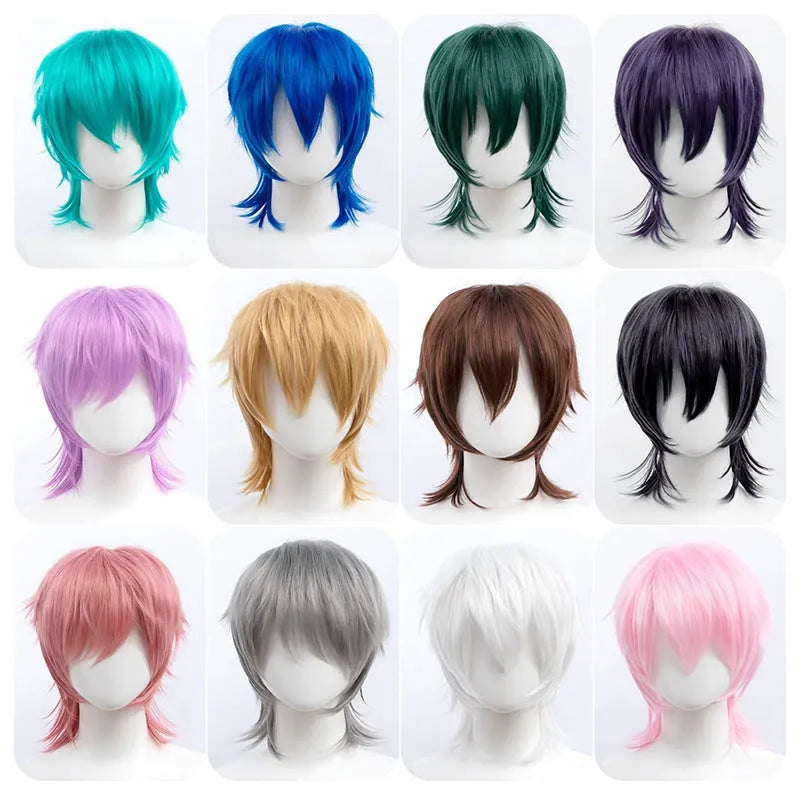 Short black anime cosplay wig with a lengthened hair tail on a wig stand.