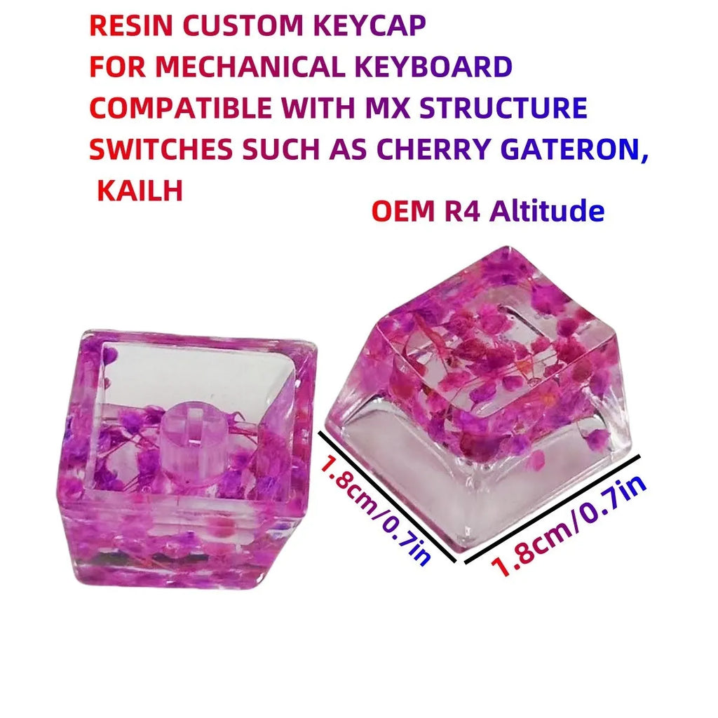Transparent resin starry sky keycap with glitter particles in red, pink, green, violet colours for mechanical keyboards