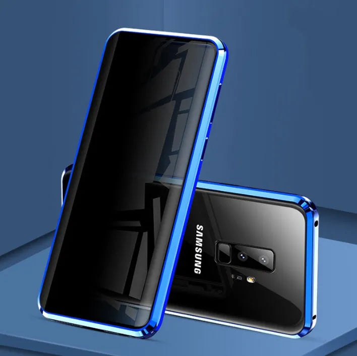 Magnetic anti-peeping phone case for Samsung Galaxy in clamshell design with double-sided glass construction