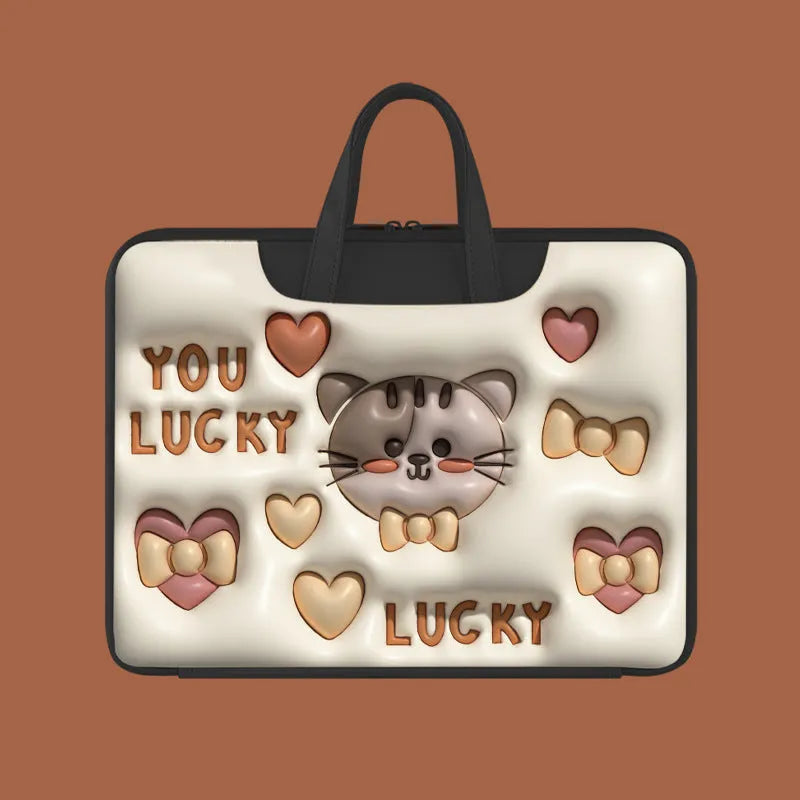 Inflatable laptop bag with strap hanging from suitcase handle, PU leather interior.