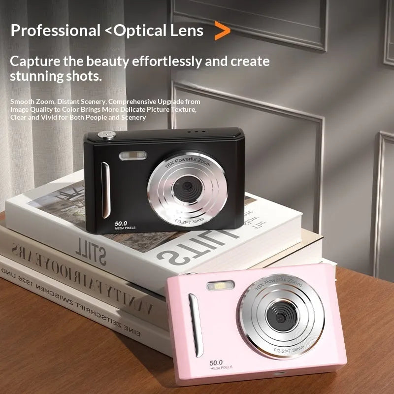 CCD student camera with dual front and rear cameras, HD screen, available in pink and black colours