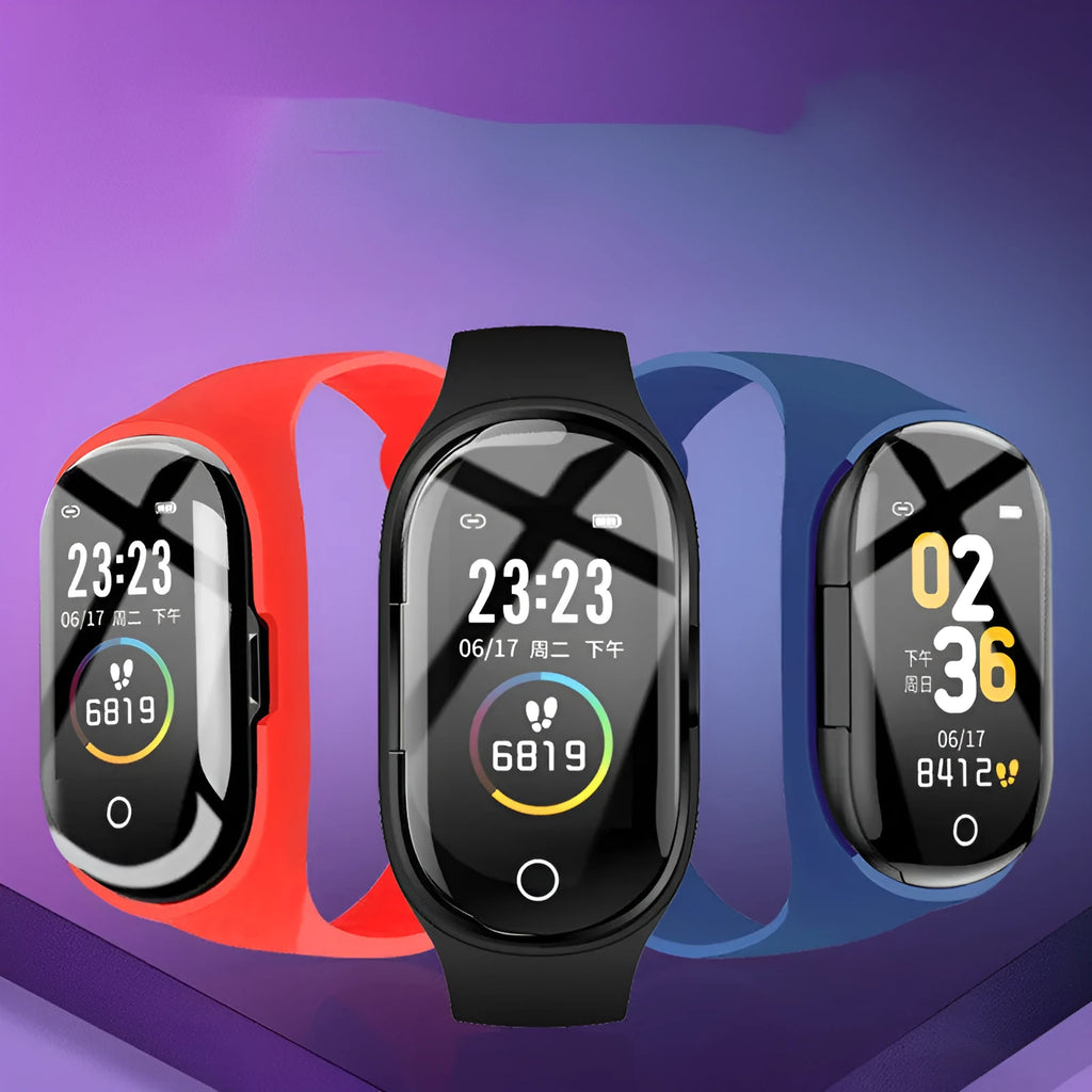 Blue silicone smart bracelet earphone combo wearable with a 1-inch screen on a wrist.