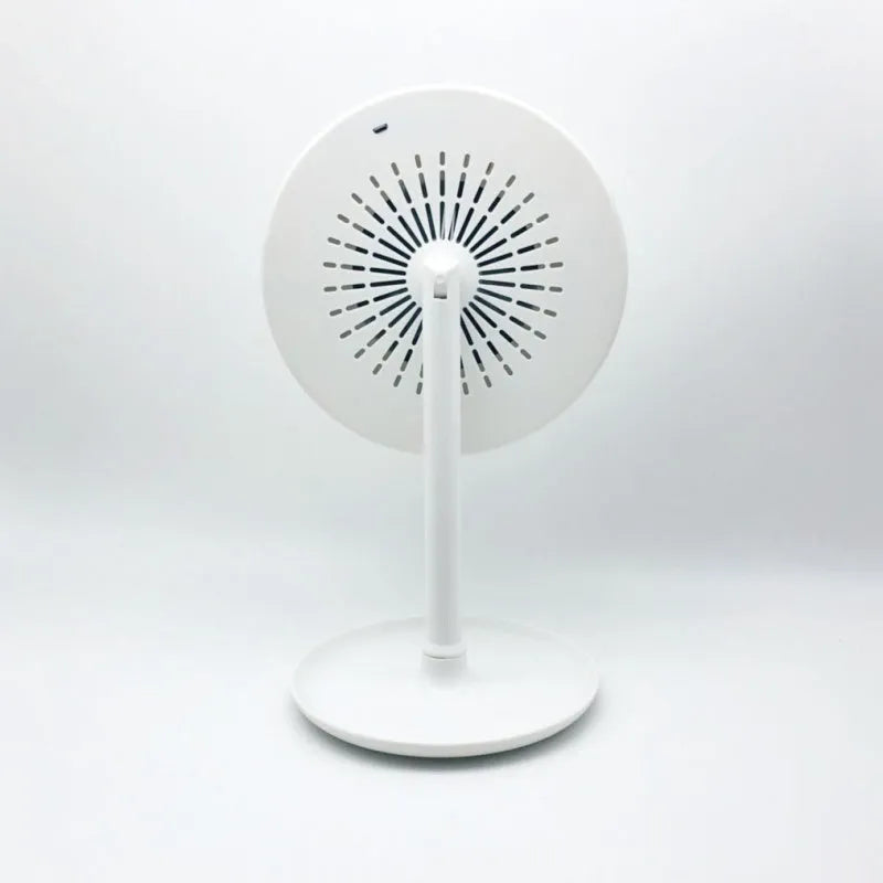 White ABS folding fan LED light makeup mirror with rotating table and five-fold design