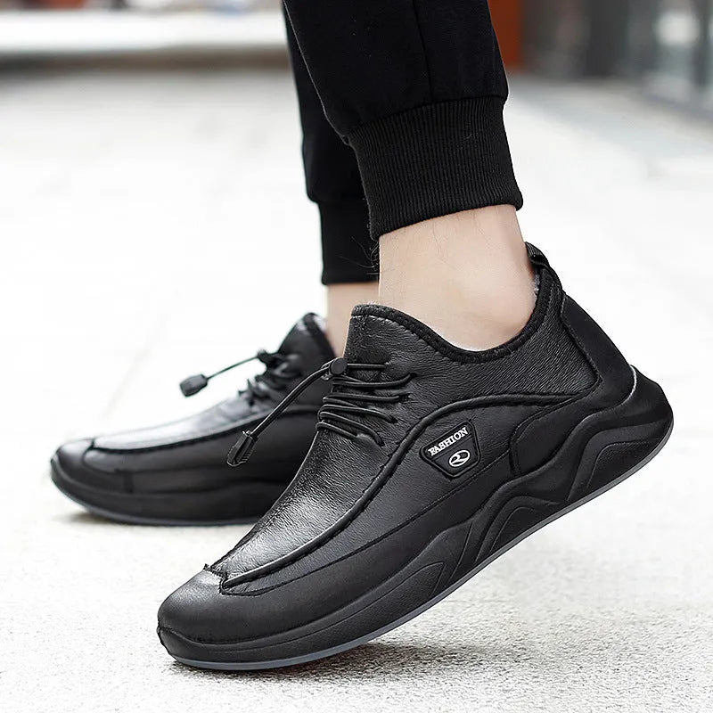 Men's leather shoe covers with two-layer cowhide upper, rubber sole, elastic band, black or brown, sizes 39-46