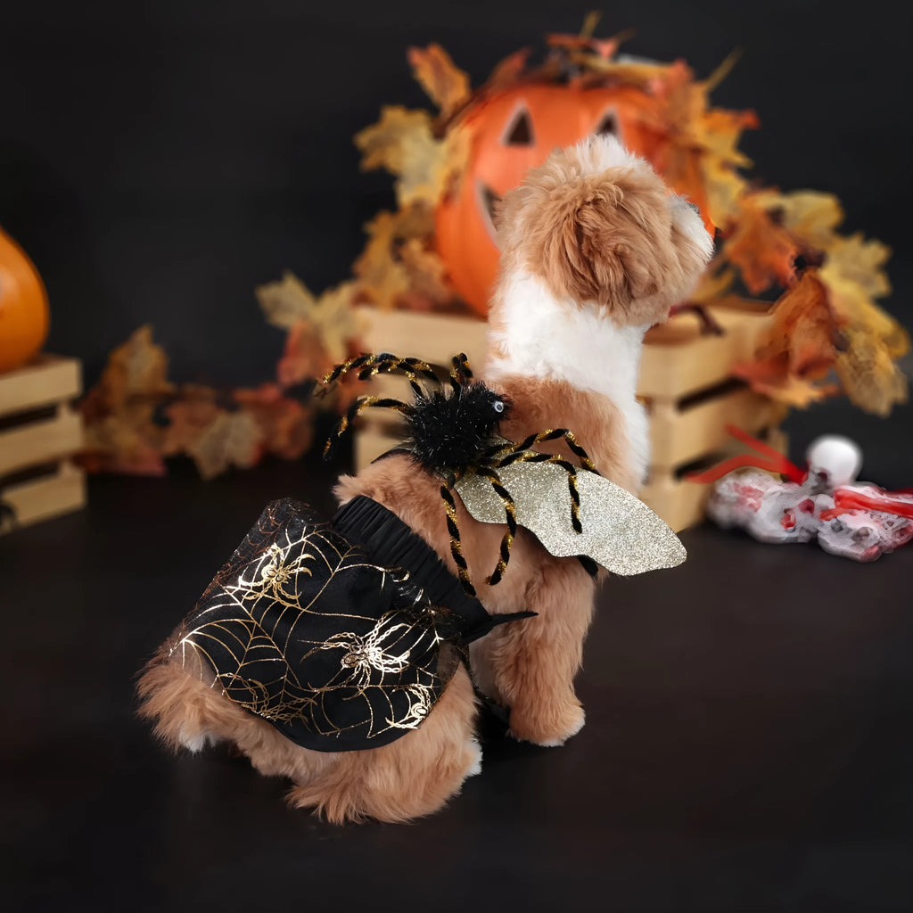 A dog wearing a classic suit-style Halloween costume, available in sizes small to extra large.