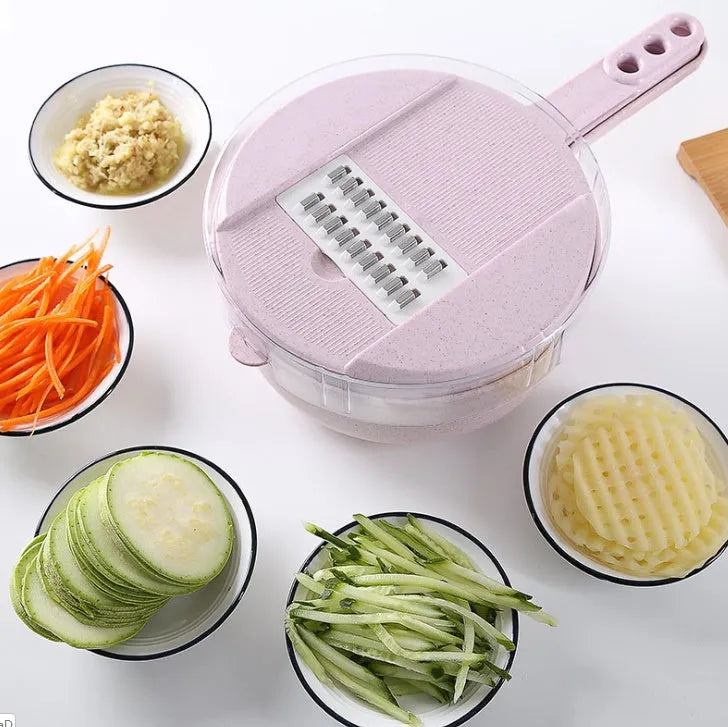 8-in-1 mandoline vegetable slicer with stainless blades, hand guard, and container in blue