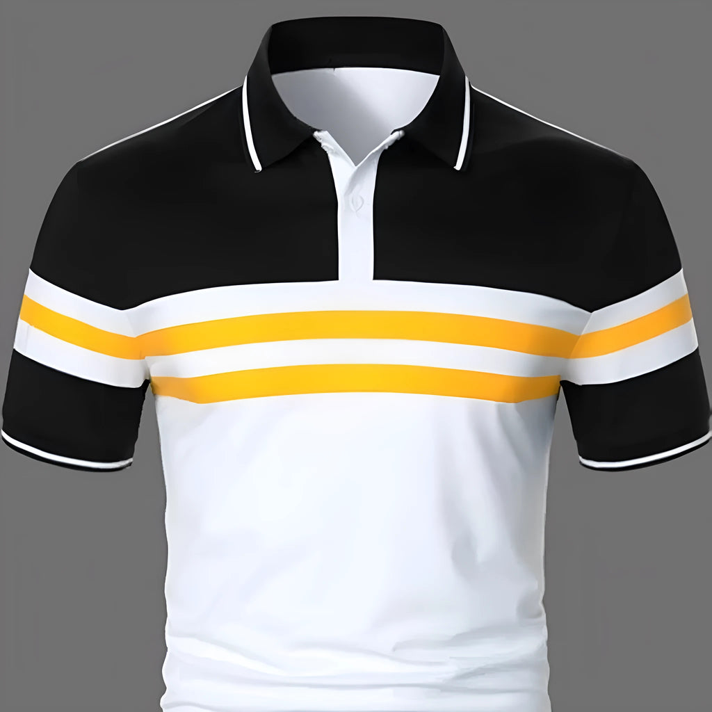Men's striped white short sleeve button polo shirt with slim fit and slit hem