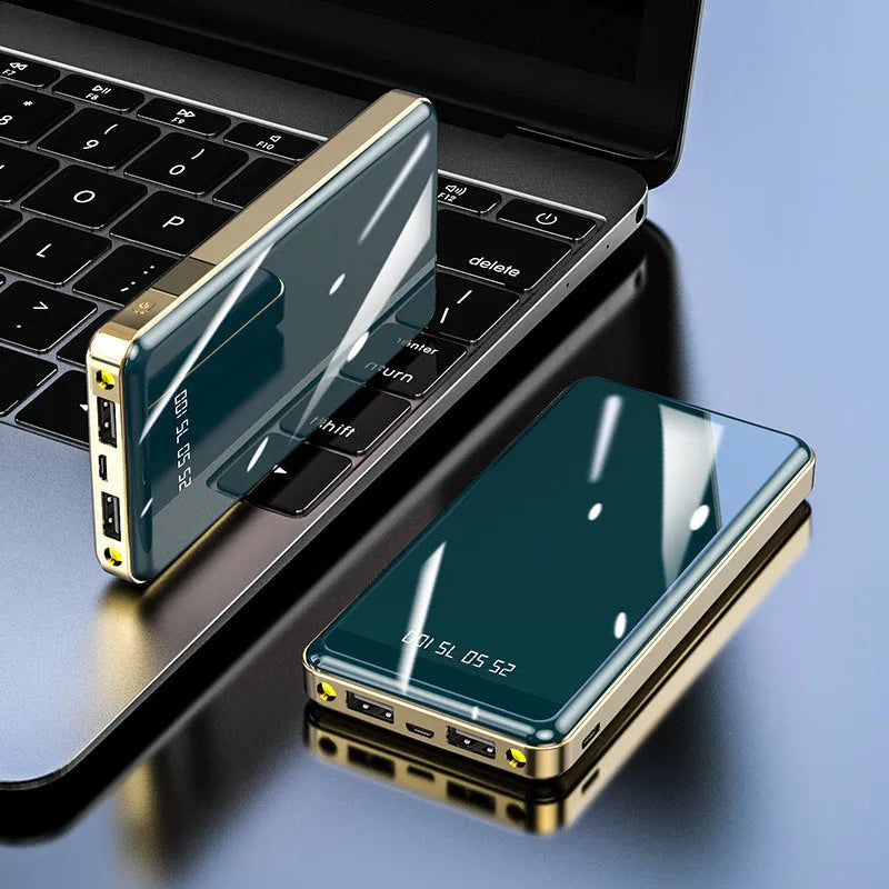 Mirror digital display power bank with aluminum shell showing 20000mAh capacity