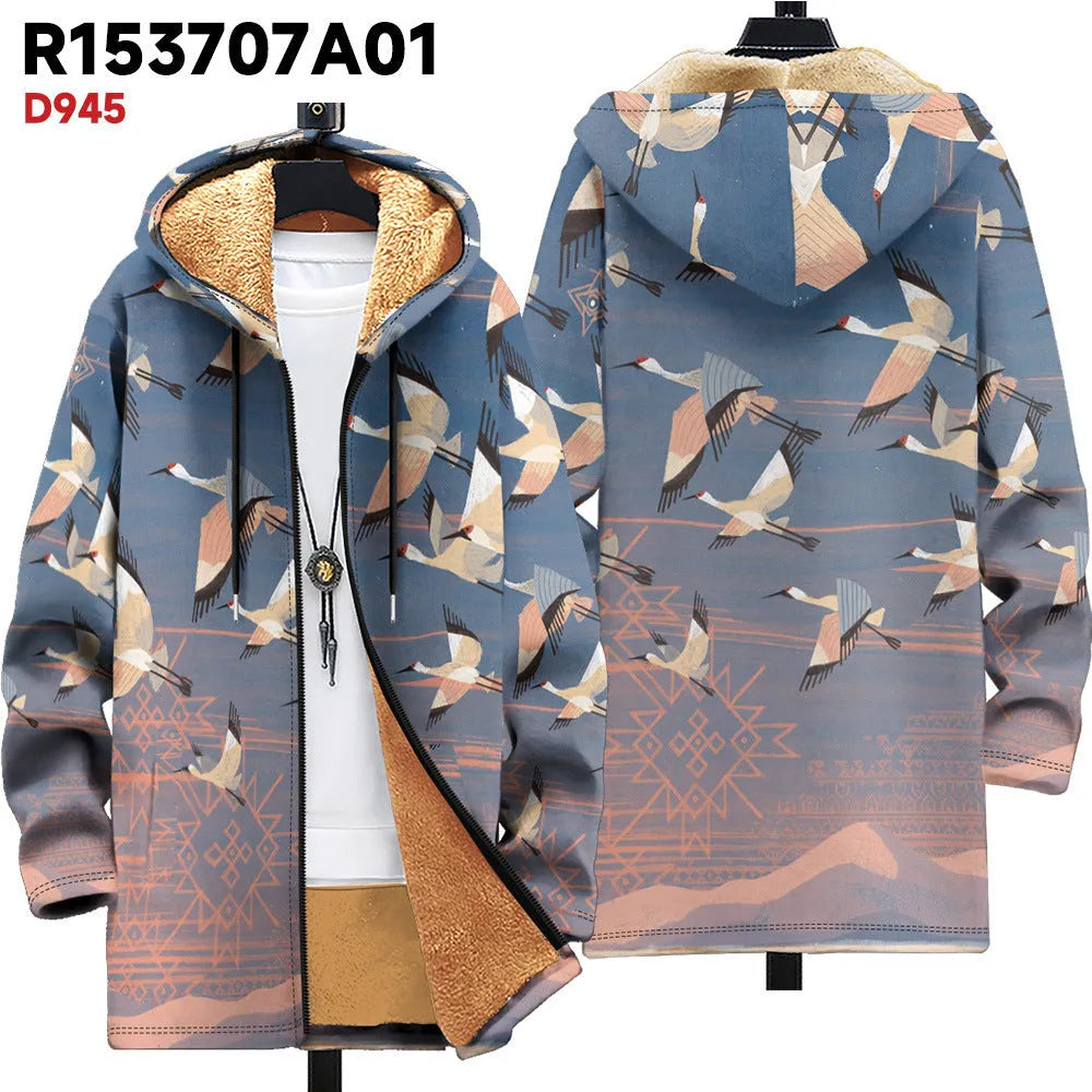 Men's loose fit zip up hooded cardigan with digital print pattern in multiple colour options