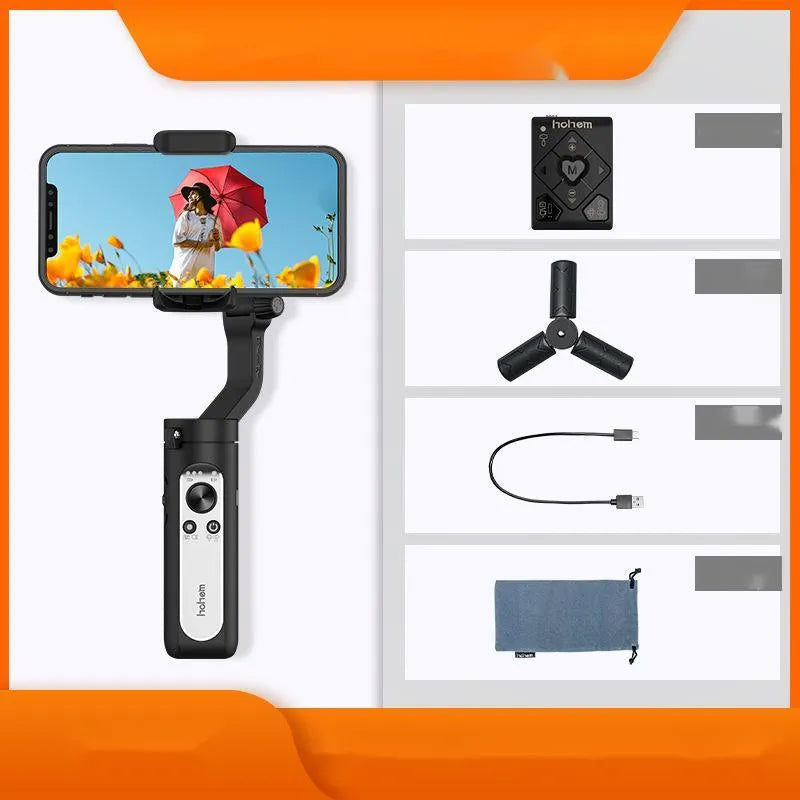 Smart anti-shake selfie stick stabilizer in black plastic, folded size 179x39x79mm, with phone clamp