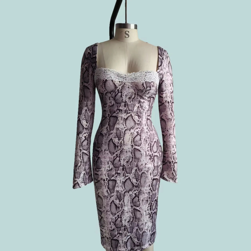Grey digital printed A-line dress with 3D pattern and long sleeves