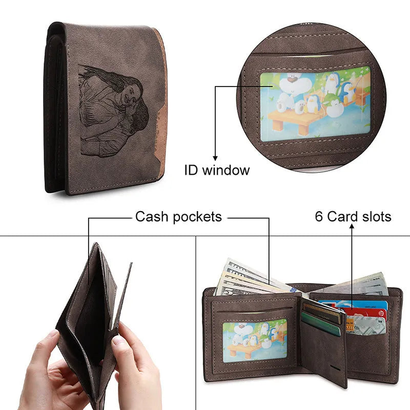 Coffee brown engraved horizontal short wallet with custom photo personalisation.