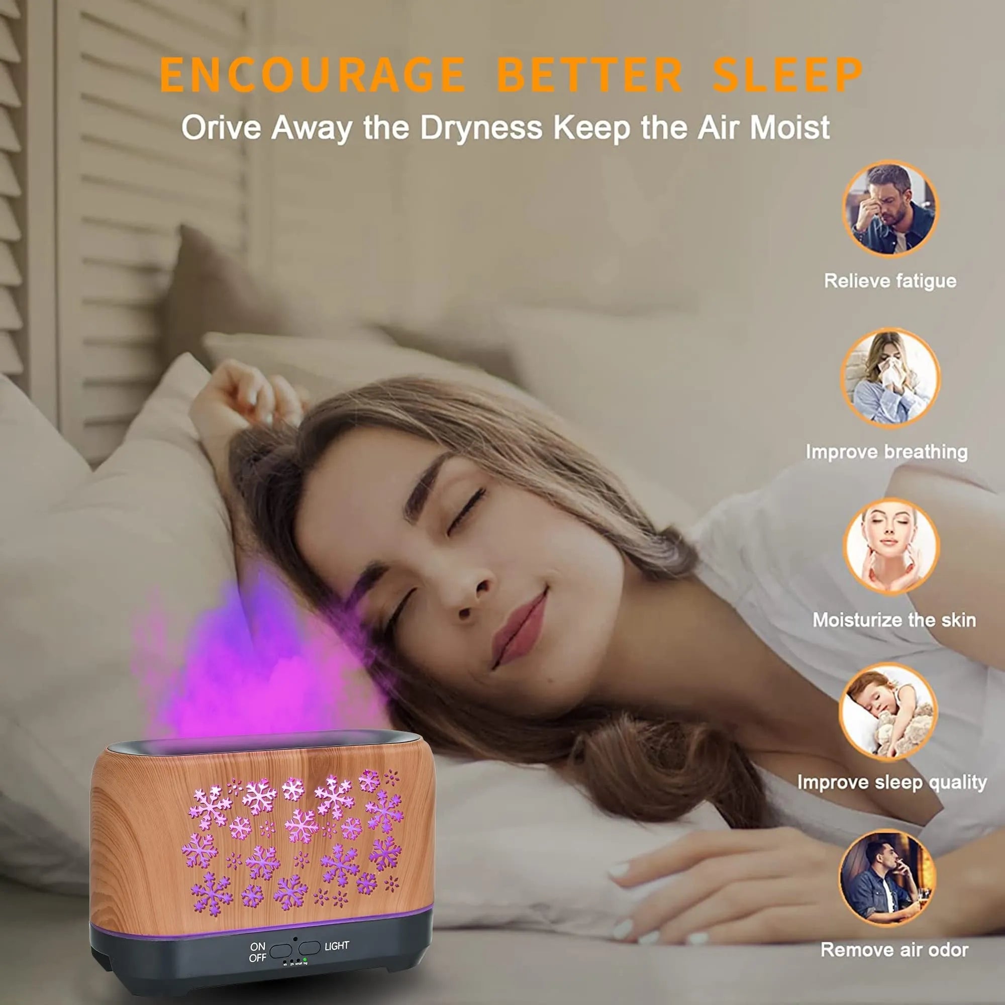 Square desktop aromatherapy humidifier with colourful snowflake wood grain pattern and flame effect lighting