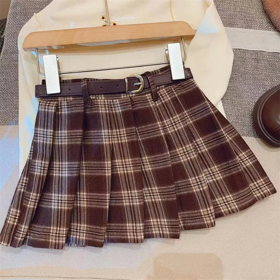 Girls plaid pleated A-line skirt in cotton blend fabric for spring and autumn casual wear