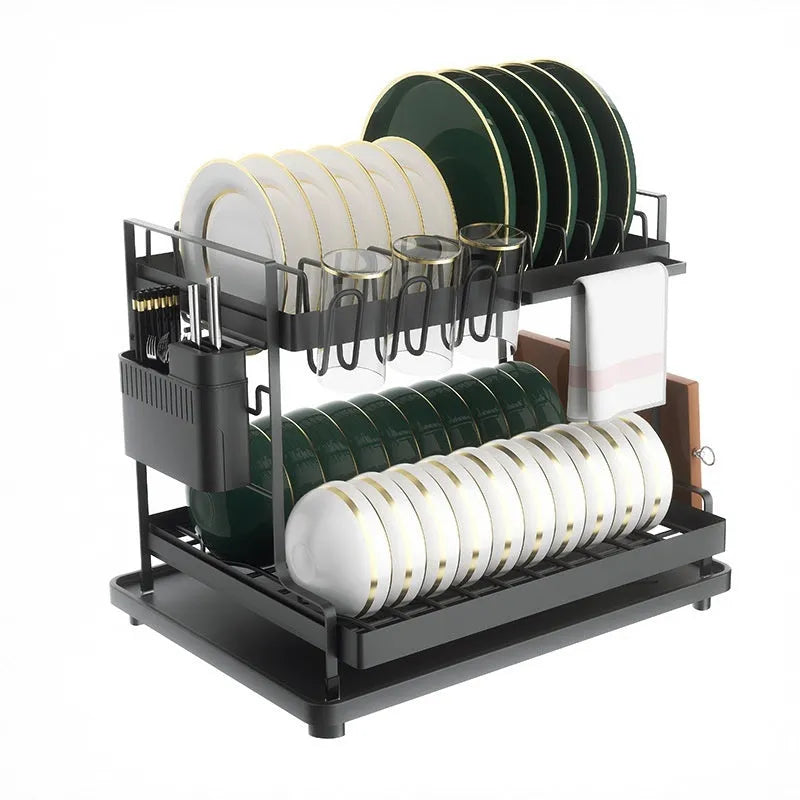 White double-layer kitchen storage rack with removable draining section on a countertop.