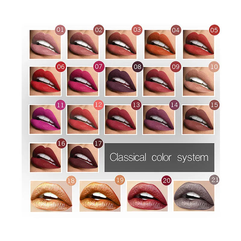 8ml matte lip gloss with 21 colour options, long-lasting waterproof finish in a tube