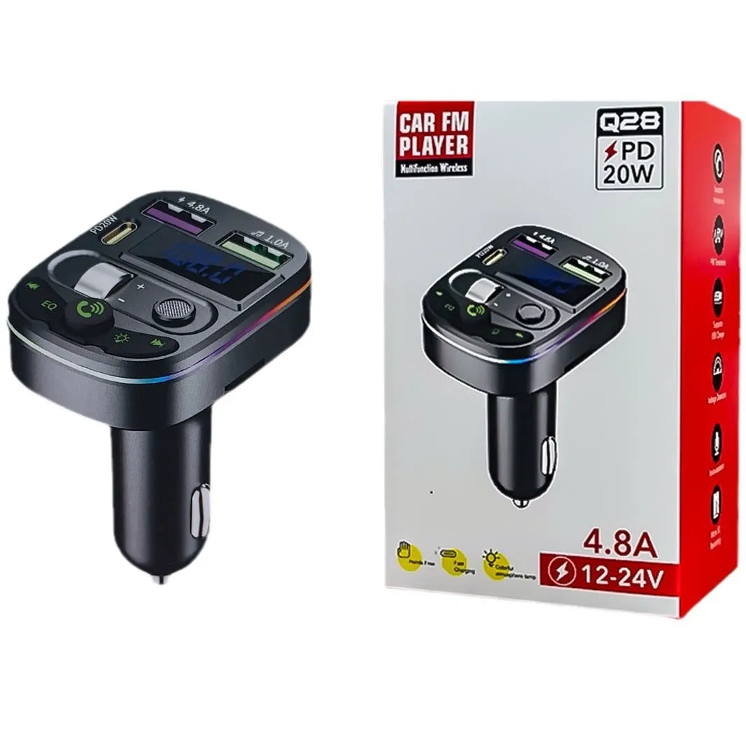Q28 model on-board Bluetooth receiver for cars with display screen and USB port.
