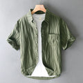 Men's apricot and army green pure cotton short sleeve casual shirt on hanger