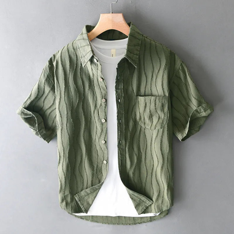 Men's apricot and army green pure cotton short sleeve casual shirt on hanger