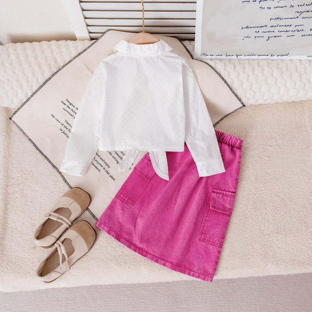 Girls pink knot-front long-sleeve top and denim shorts set, cotton, height 90-140