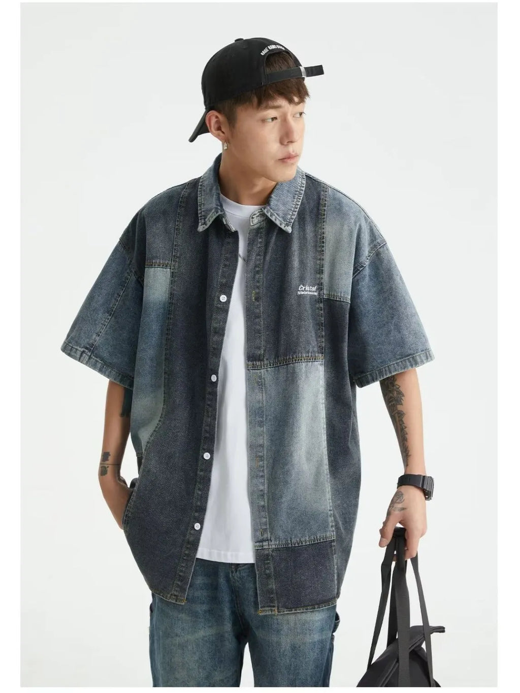 Blue Japanese-style retro denim shirt with washed stitching details in loose cardigan fit