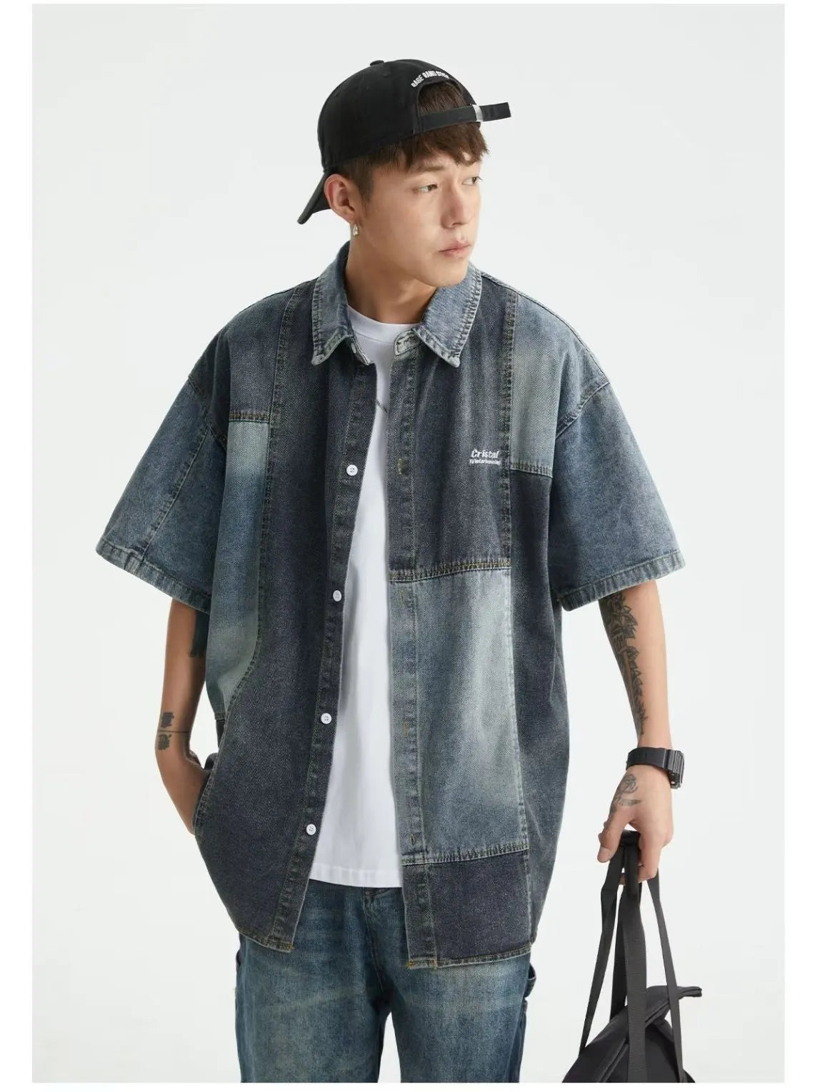 Blue Japanese-style retro denim shirt with washed stitching details in loose cardigan fit