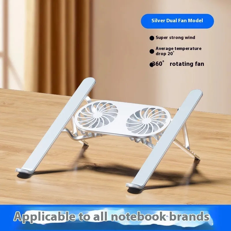 Silver aluminium laptop stand with twin cooling fans in folded position beside cloth storage bag