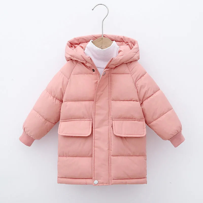 Children's mid-length hooded thickened jacket in polyester fibre with zipper, available in multiple colours