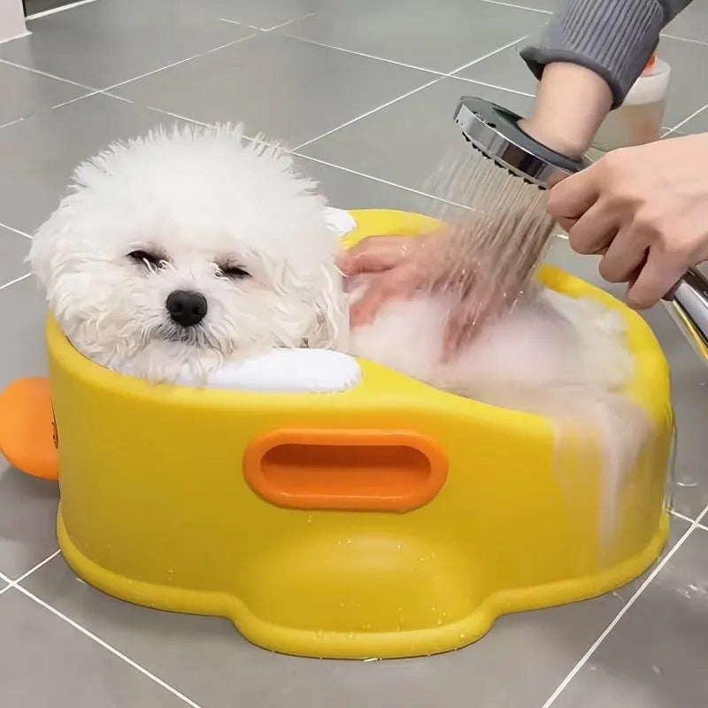 Foldable duck-shaped PVC bathtub for dogs and cats in blue, pink or yellow colour options