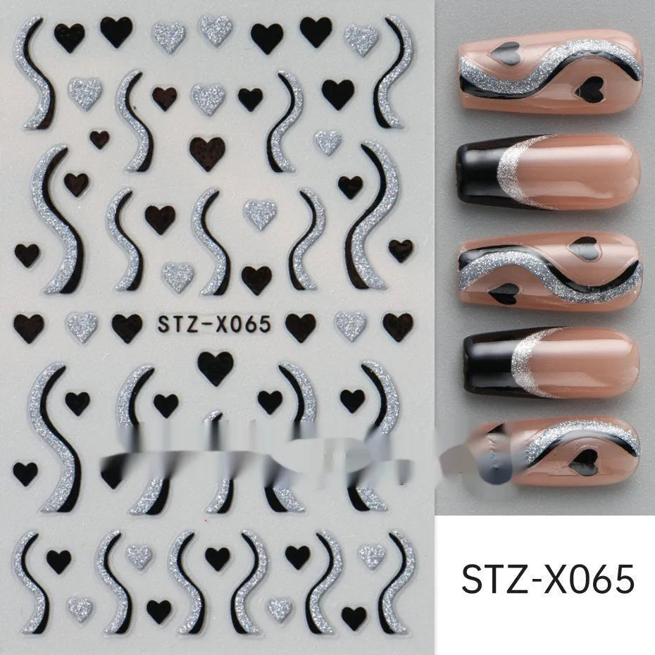 Cartoon-themed nail art sticker sheet with black and silver strip patterns and love motifs