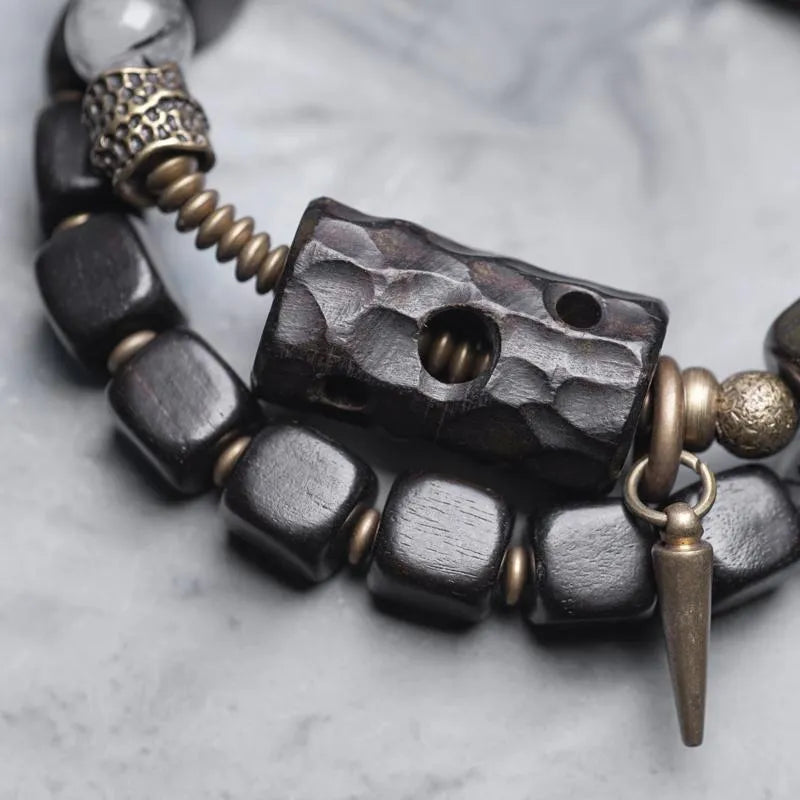 Ethnic style black hair crystal mixed handmade texture bracelet on wrist, unisex free size