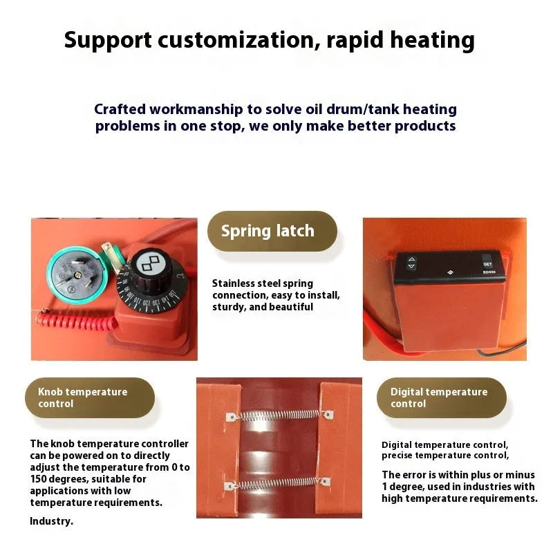 Silicone rubber heating belt wrapped around a 200-litre oil drum with control unit