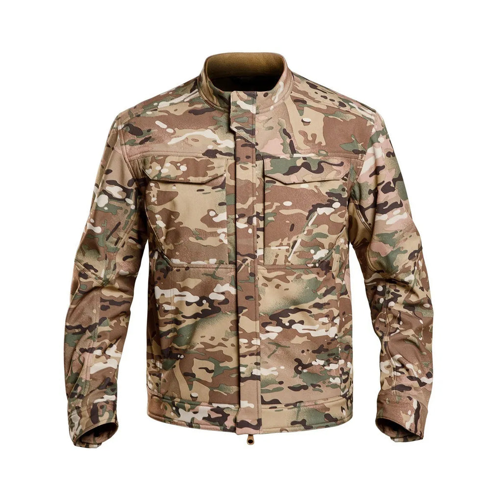 Bone Frog Peak Breaker soft shell tactical jacket in black camouflage for mountaineering.
