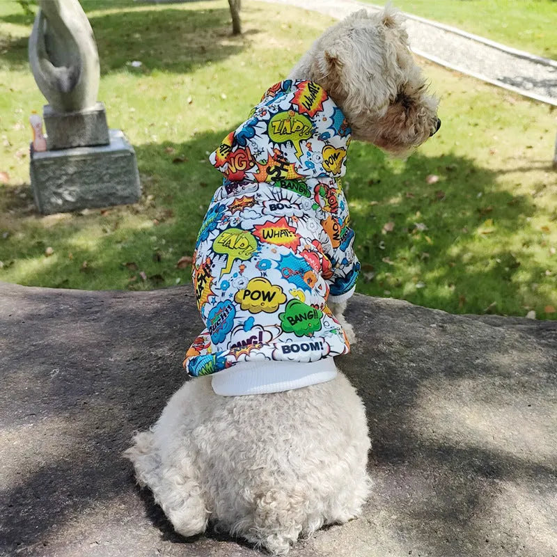 Acrylic pet hoodie with graffiti print and letter design in blue colour for dogs