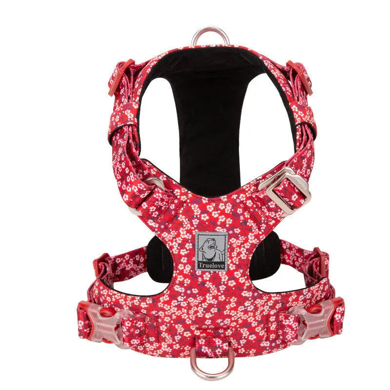 Pure cotton pet chest strap with floral pattern in red, green, or blue for dogs