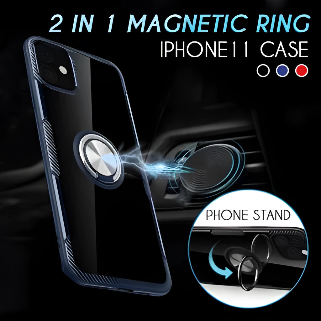 Black PU and PC protective case fitted on an iPhone 11 Pro Max, showing button and port access.