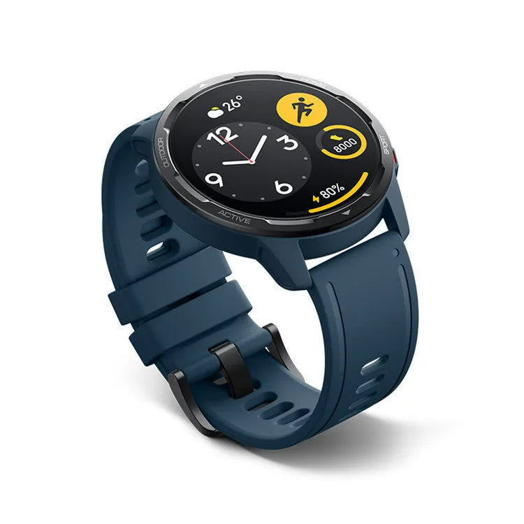 Dual band GPS smart watch with black silicone strap on a wrist, showing the 1.43-inch touchscreen display.