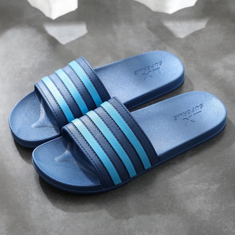 White stripes PVC bathroom slippers for women and men with three-bar design and injection moulded sole