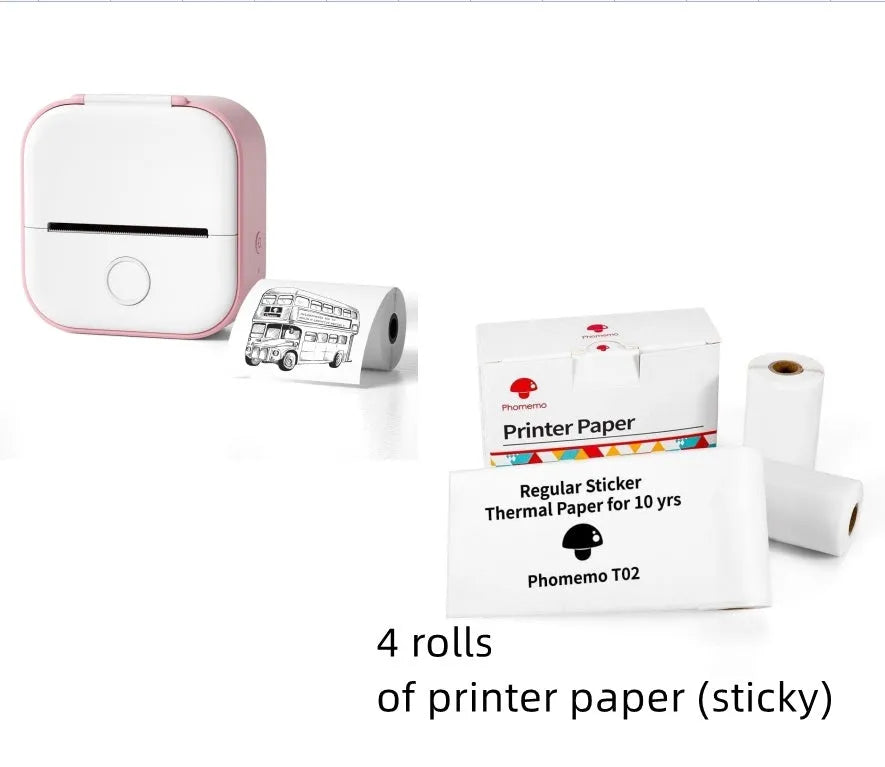 Phomemo T02 portable mini thermal label printer in white, showing front panel with paper slot, with Bluetooth icon
