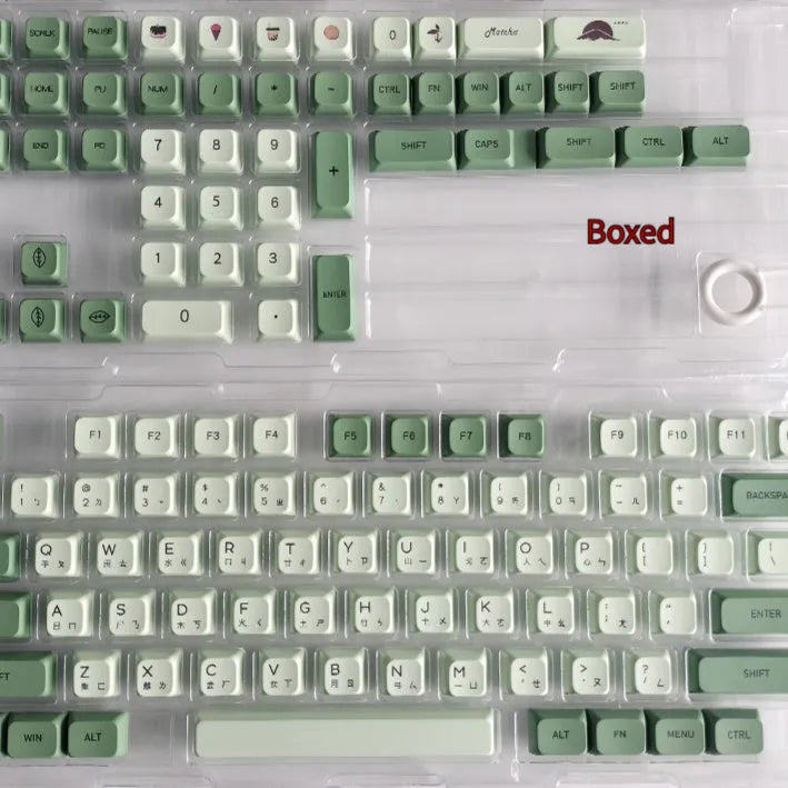 Matcha coloured PBT keycap set with 124 keys showing multiple language legend options