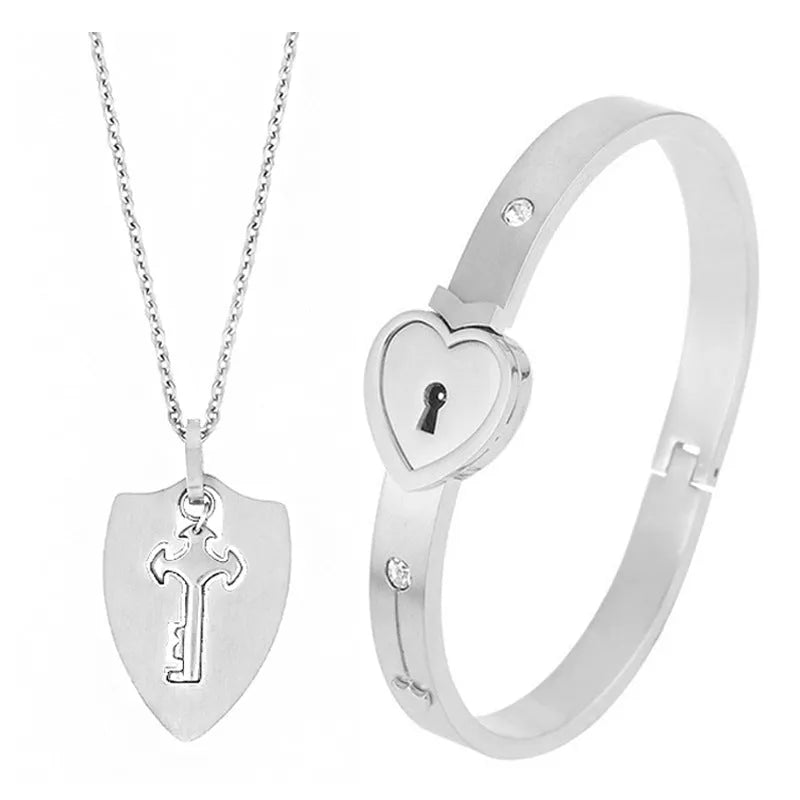 Titanium steel couple love lock bracelet key set necklace in electroplated finish
