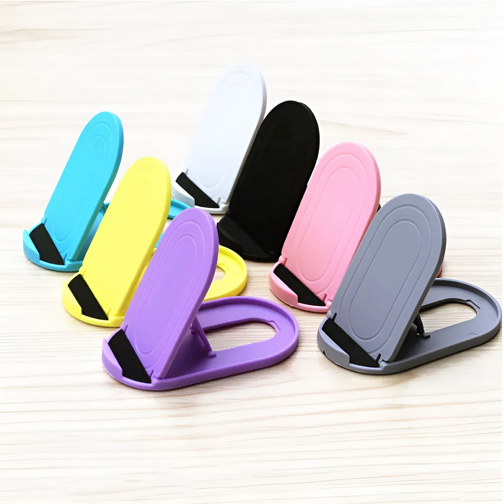 A plastic mobile phone stand with a lazy bracket mechanism shown in one of six colour options.