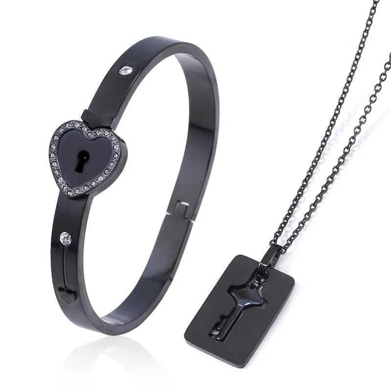 Titanium steel couple love lock bracelet key set necklace in electroplated finish