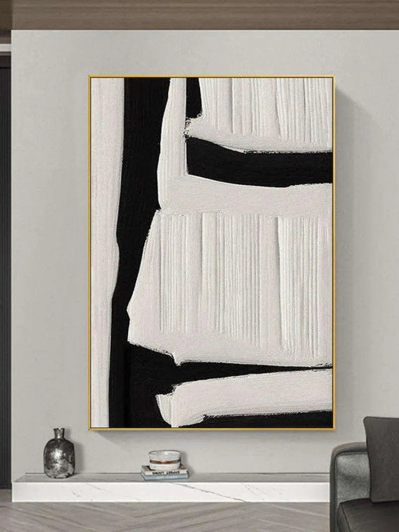 Large black and white abstract handmade painting on textured canvas, modern wall art for home decoration