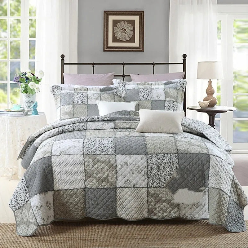 Washed pure cotton quilted bedspread set in Korean style, showing bed cover and two pillowcases.
