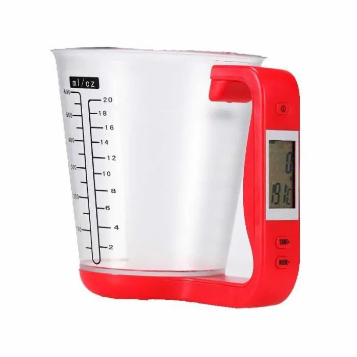 Green electronic kitchen scale measuring cup with LCD display in handle