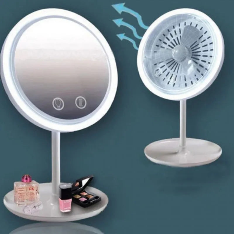 White ABS folding fan LED light makeup mirror with rotating table and five-fold design