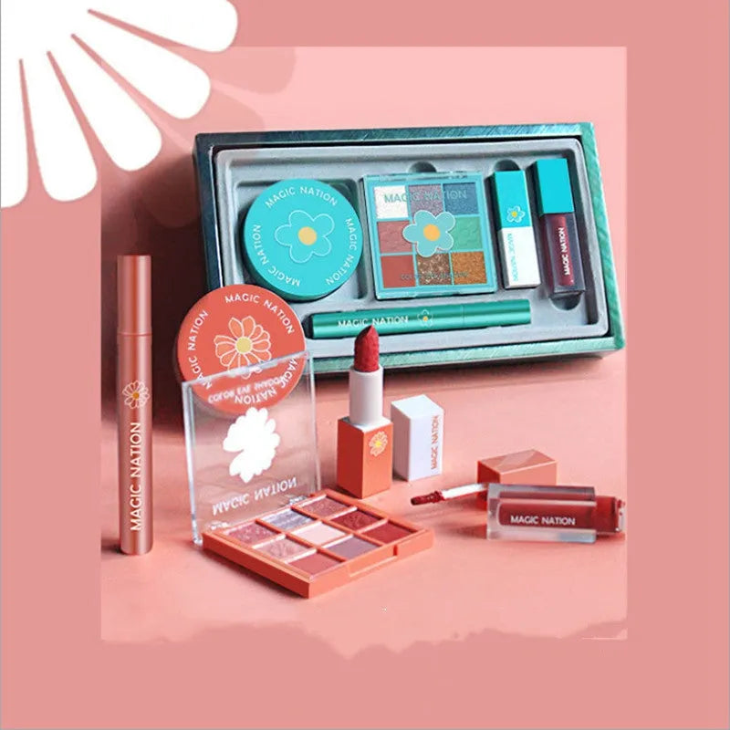 5-piece makeup set with lipstick, lip glaze, eyeshadow palette, mascara, and loose powder in Blue, Orange, or Limited edition colour